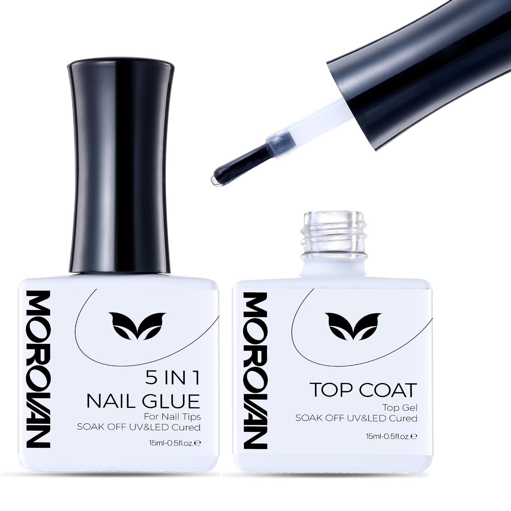 Morovan 5 in 1 Gel and No-Wipe Top Coat: Nail Glue Gel for Nail Tips Clear and Acrylic Nails Base Gel Long-Lasting Clear Glossy 