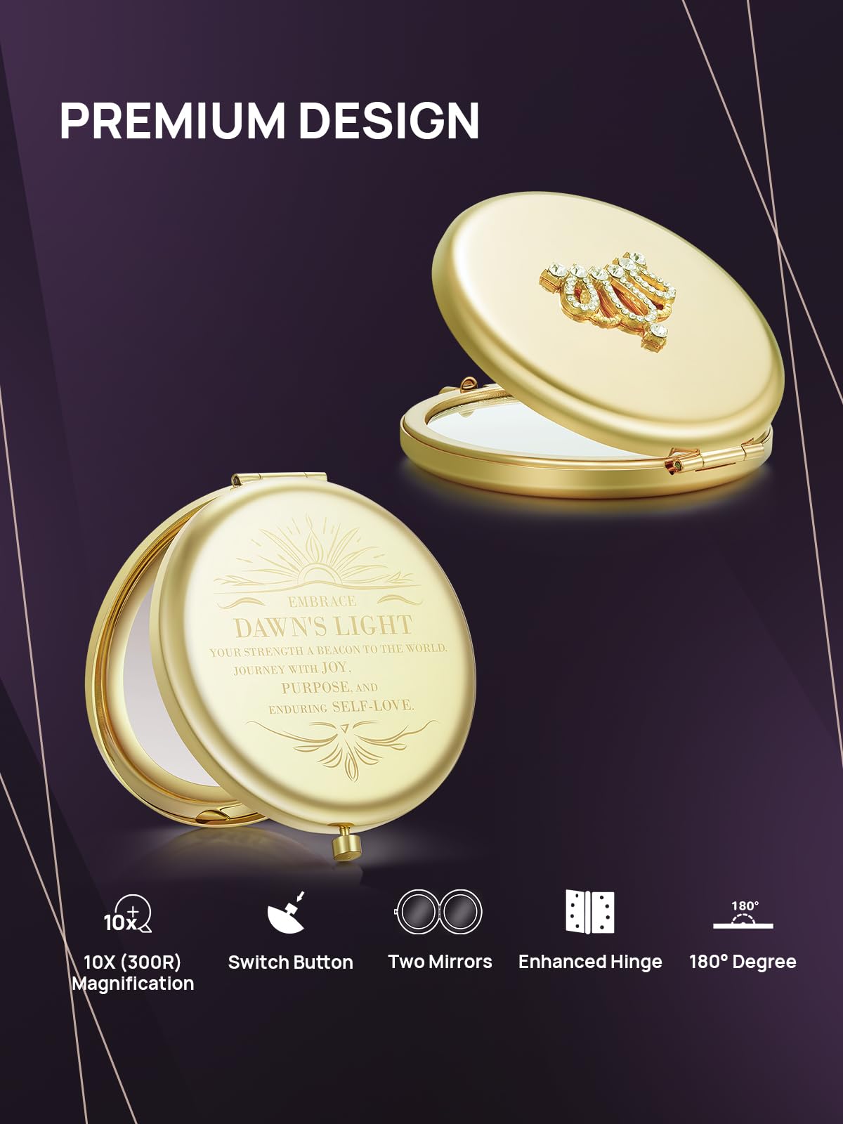 Omiro 1X/10X(300R) Magnifying Compact Mirror, Small Crown Engraved Pocket Makeup Mirror Gift For Her Women Mom (Gold)