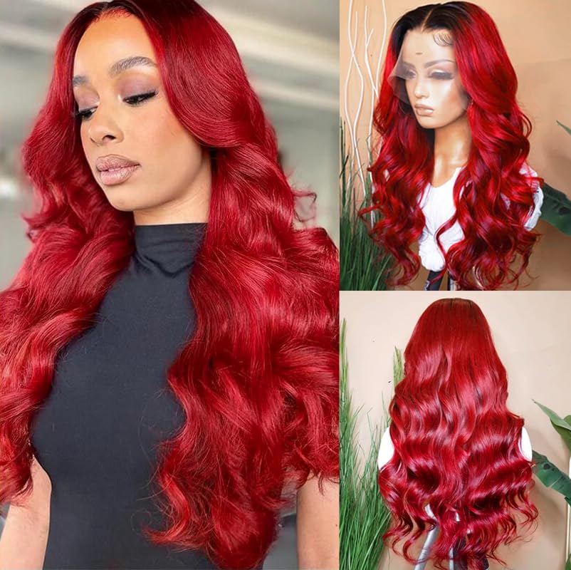 Yms Ombre Red Lace Front Wigs Human Hair Pre Plucked 180% Density Wigs For Women Human Hair Glueless Human Hair Wigs Lace Front