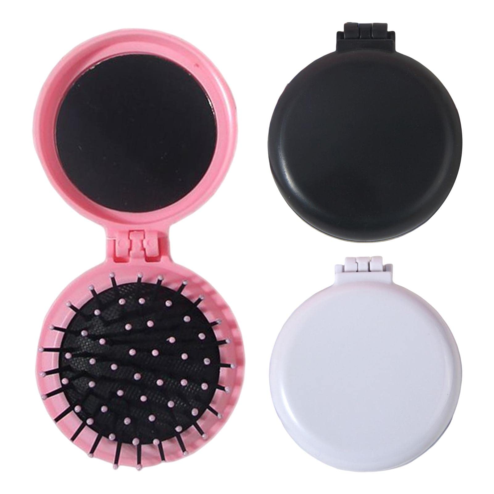Saycker 3Pcs Portable Folding Hair Brush With Mirror,Foldable Travel Mirror Hair Brushes Round Pocket Hair Brush Mini Hair Massa