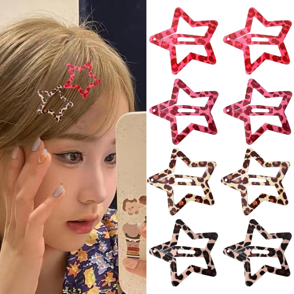 Star Snap Clips for Hair Y2K Pink Leopard Print Hair Clips Set of 8 Metal Brown Cheetah Leopard Hair Barrettes Hairpins Headpiec