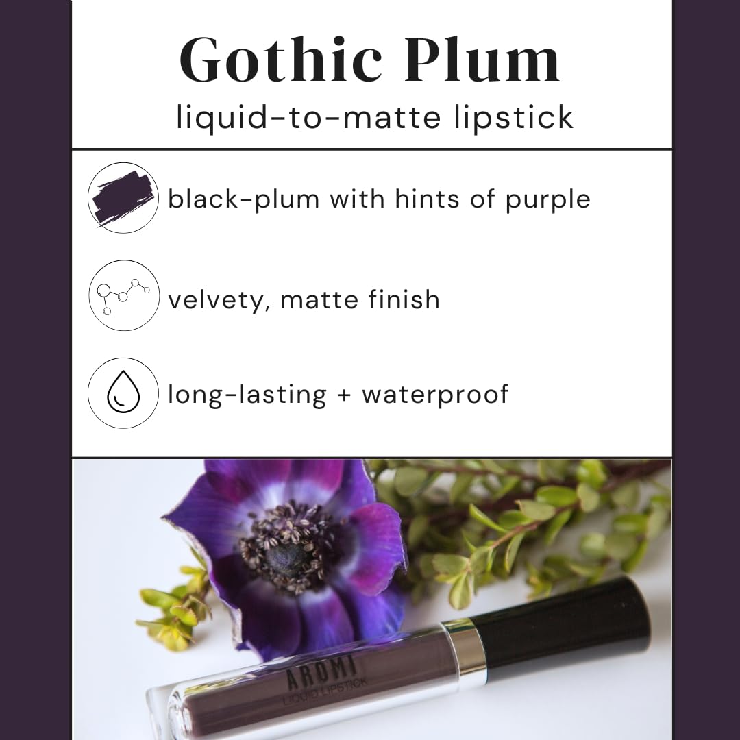Aromi Black Plum Matte Liquid Lipstick, Dark Midnight Lip Color, Vegan And Cruelty-Free, Long-Lasting And Opaque Lipstick (Gothi