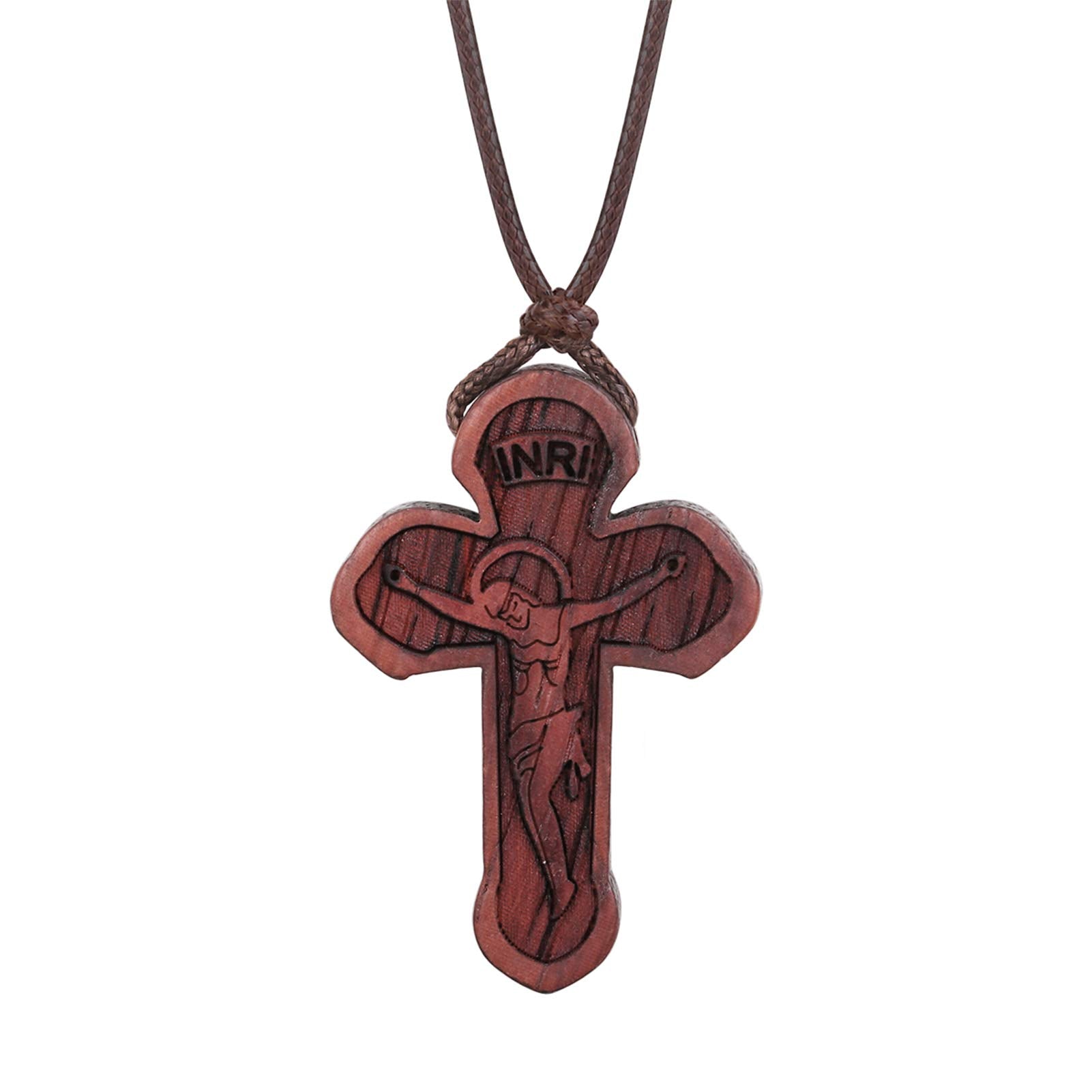 COTTVOTT Wood Orthodox Cross Pendant Necklace Christian Crucifix Necklace Prayer Jesus for Women Men (A-Red Color)