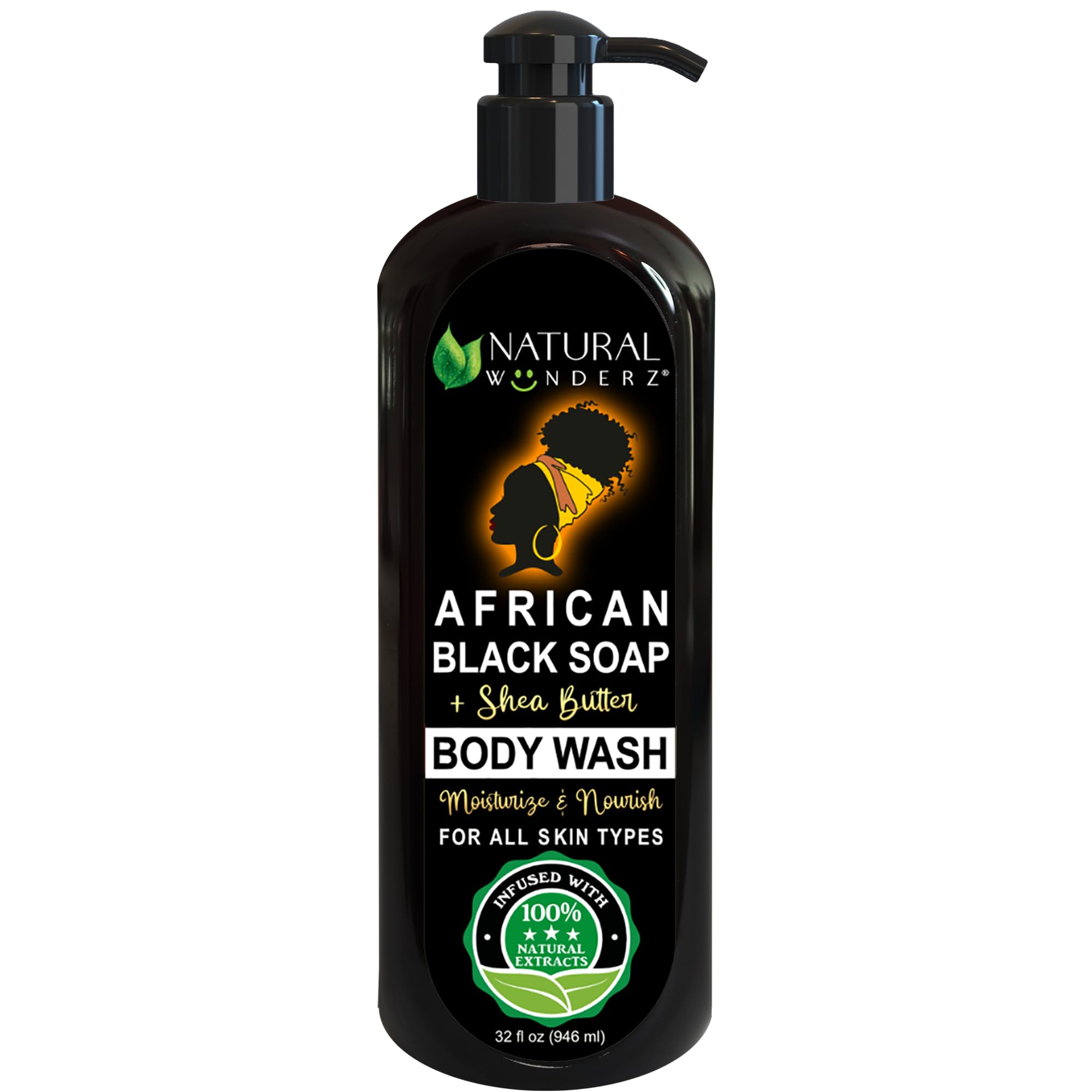Natural Wunderz Body Wash With African Black Soap And Shea Butter, 32 Fl Oz Shower Gel, Promotes Acne Treatment, Contains All Na