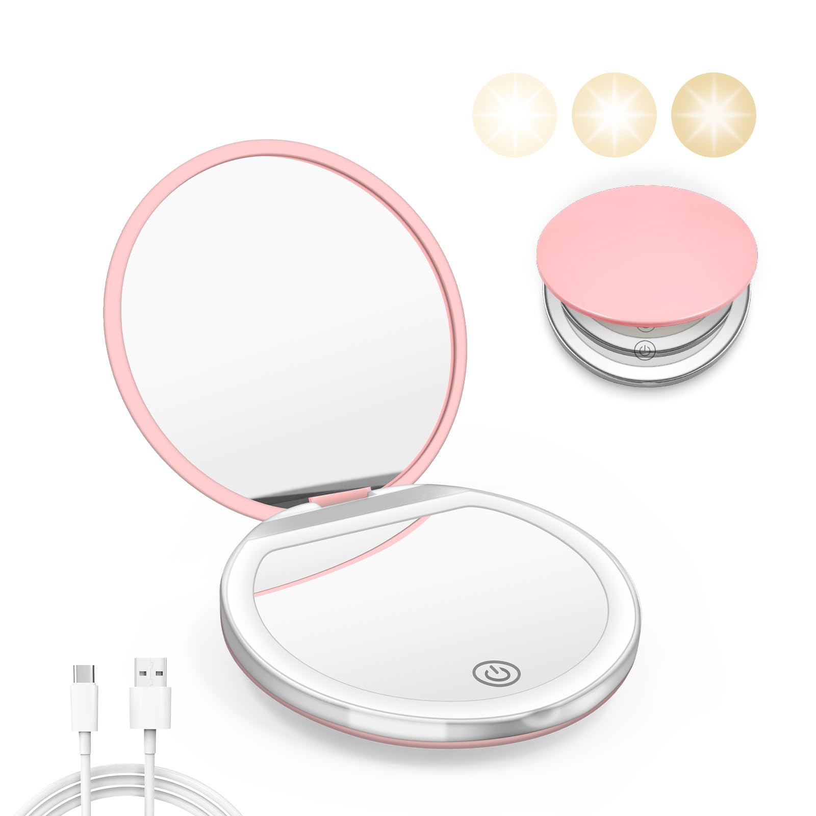 Kakuje Compact Mirror With Light, 1X/3X Magnification Led Pocket Mirror With Usb Data Cable, Pink Mini Mirror For Purse, Pocket,