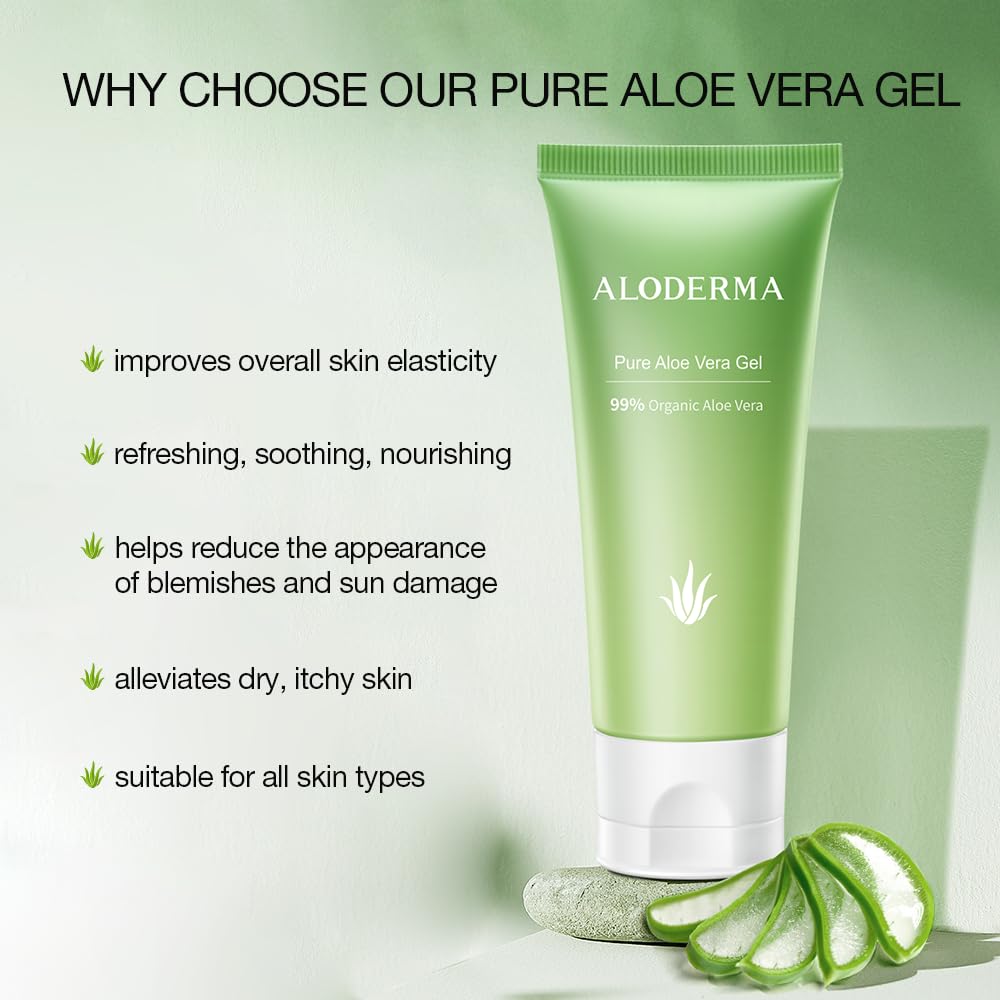 Aloderma 99% Organic Aloe Vera Gel Made Within 12 Hours Of Harvest, Refreshing Travel Size Aloe Vera Gel For Face & Body, Coolin