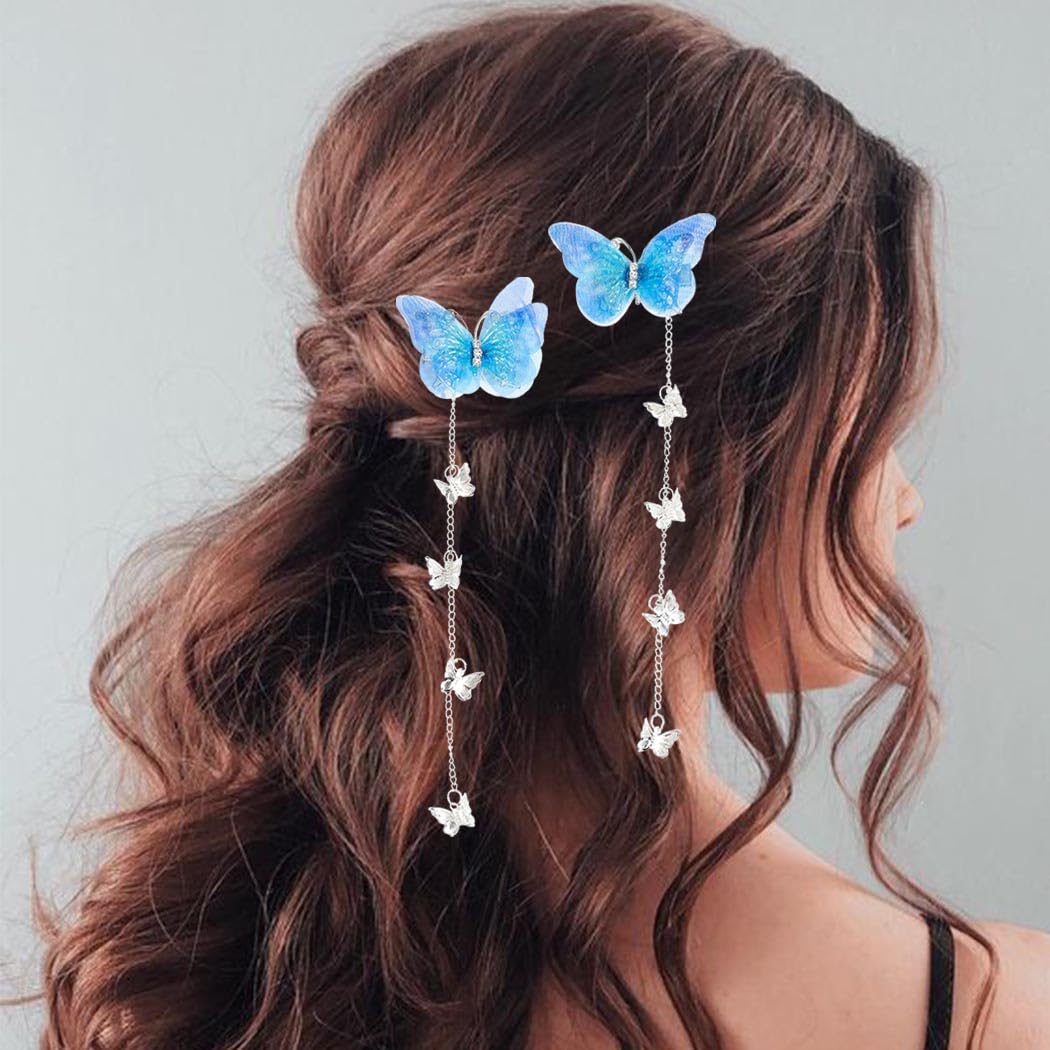 Bartosi Butterfly Hair Clips Blue Butterfly Hair Clip Tassel Hair Pins Cute Rhinestone Hair Barrettes Hair Accessories for Women