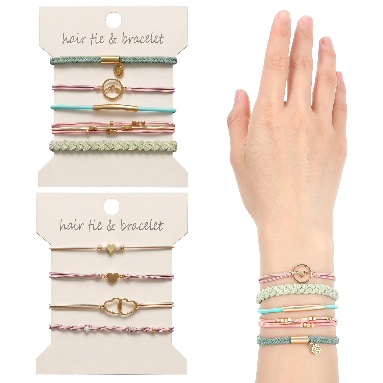 10 Pcs Bracelets Hair Tie for Women Boho Hair Ties Bracelets for Thick Thin Hairs No Damage Braided Hairs Band(Pink Green)