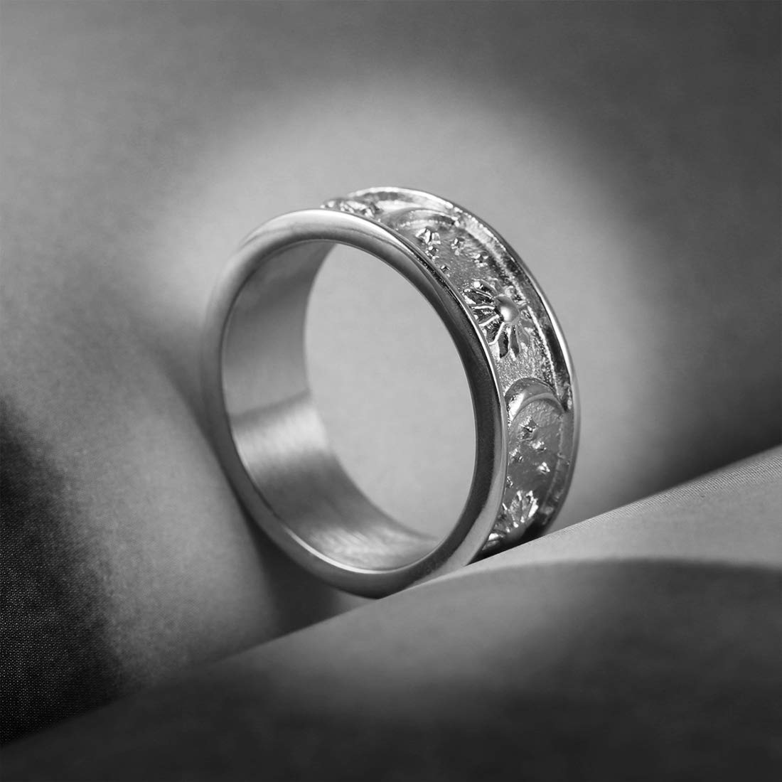 HZMAN 8mm Moon Star Sun Statement Ring Stainless Steel Boho Jewelry for Women Men (Steel Color, 12)