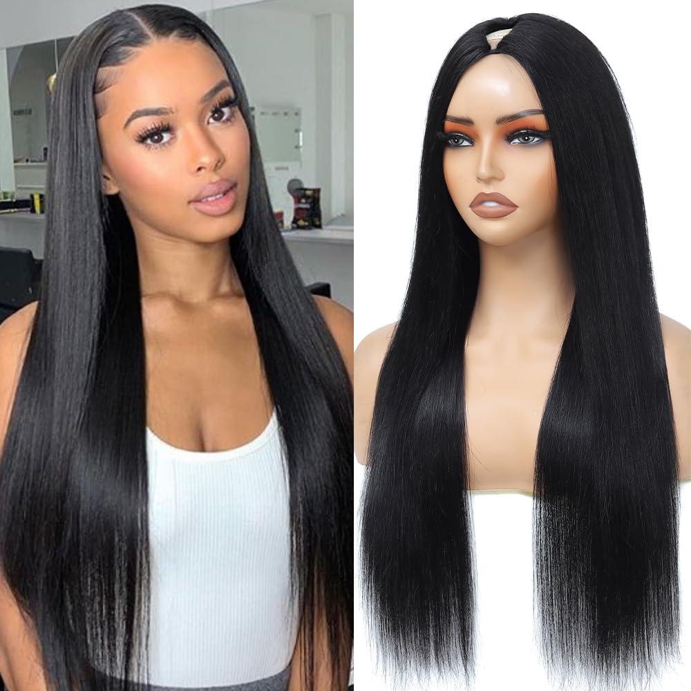 Aolvoblees V Part Wig Human Hair Straight No Leave Out Upgrade U Part Wig for Women 200% Density Clip in Half Wig Beginner Frien