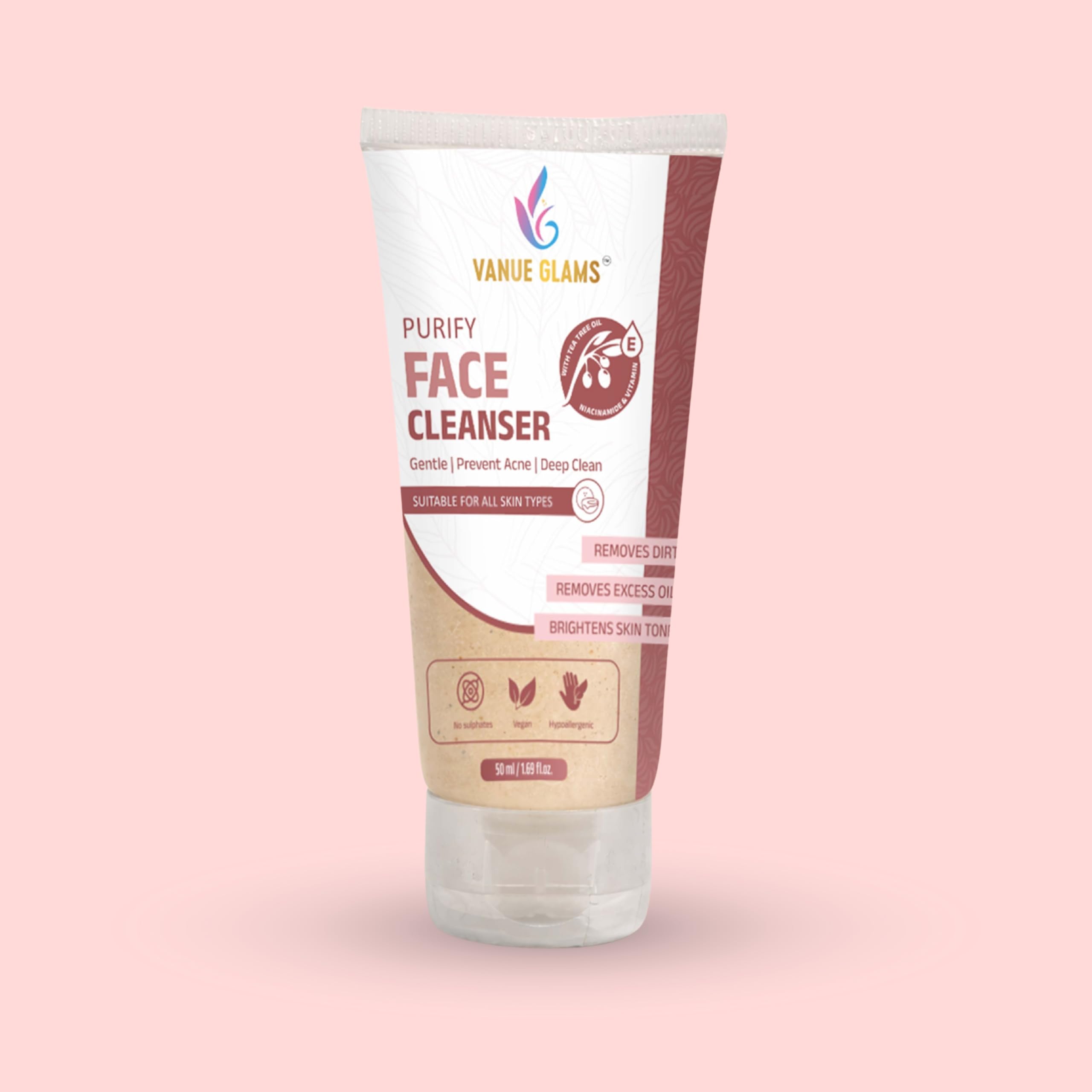 Vanue Glams Purify Face Cleanser  Gentle, Acne Preventing Formula With 3% Niacinamide And Vitamin E  Removes Dirt, Excess Oil,