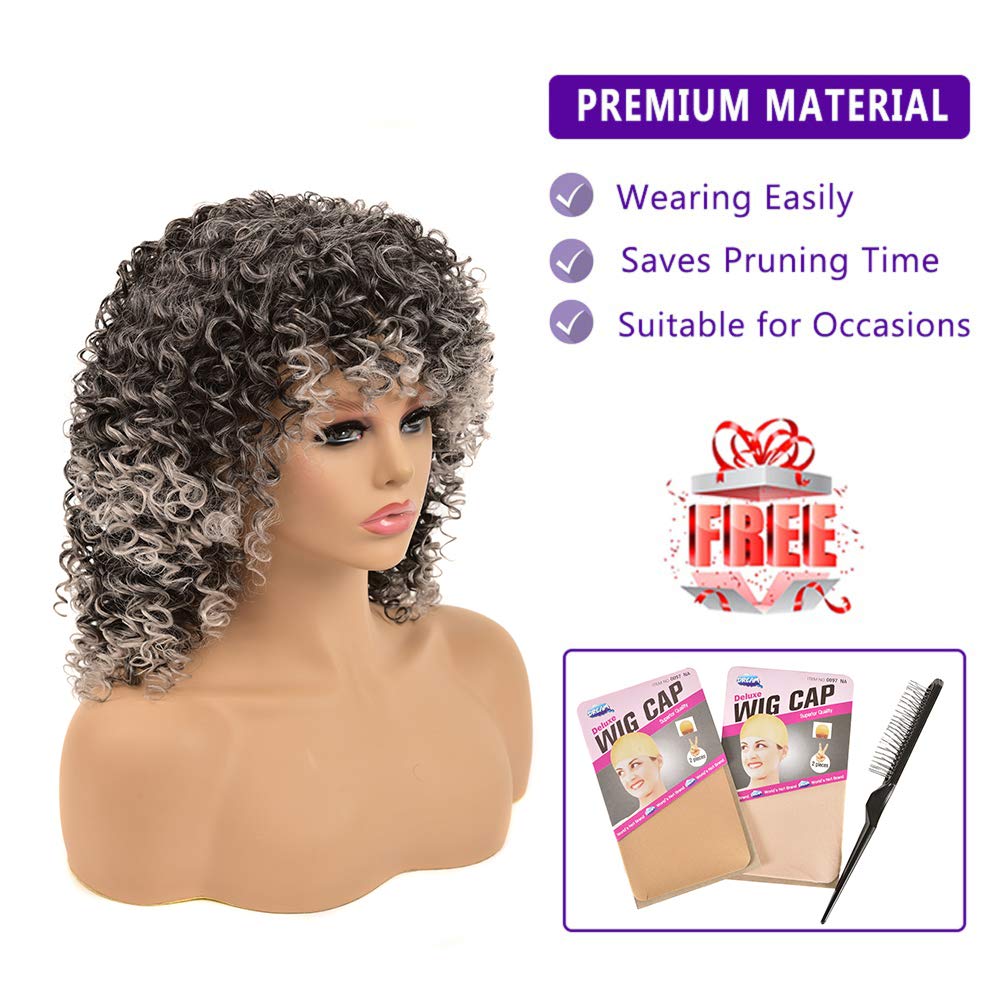 Yeame Curly Wigs For White Women - Kinky Curly Afro Wig With Bangs Ombre Gray Color Synthetic Mixed Wigs With 1 Wig Comb And 4Pc