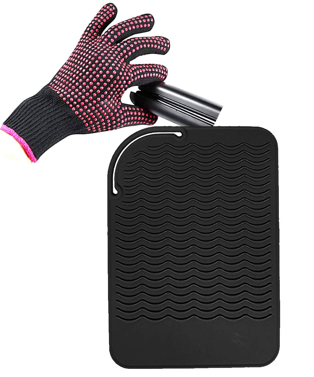 Heat Resistant Silicone Glove and Mat Set for Curling Iron, Hair Straightener, Flat Irons - 9 '' x 6.5 '' Food Grade Silicone Ma