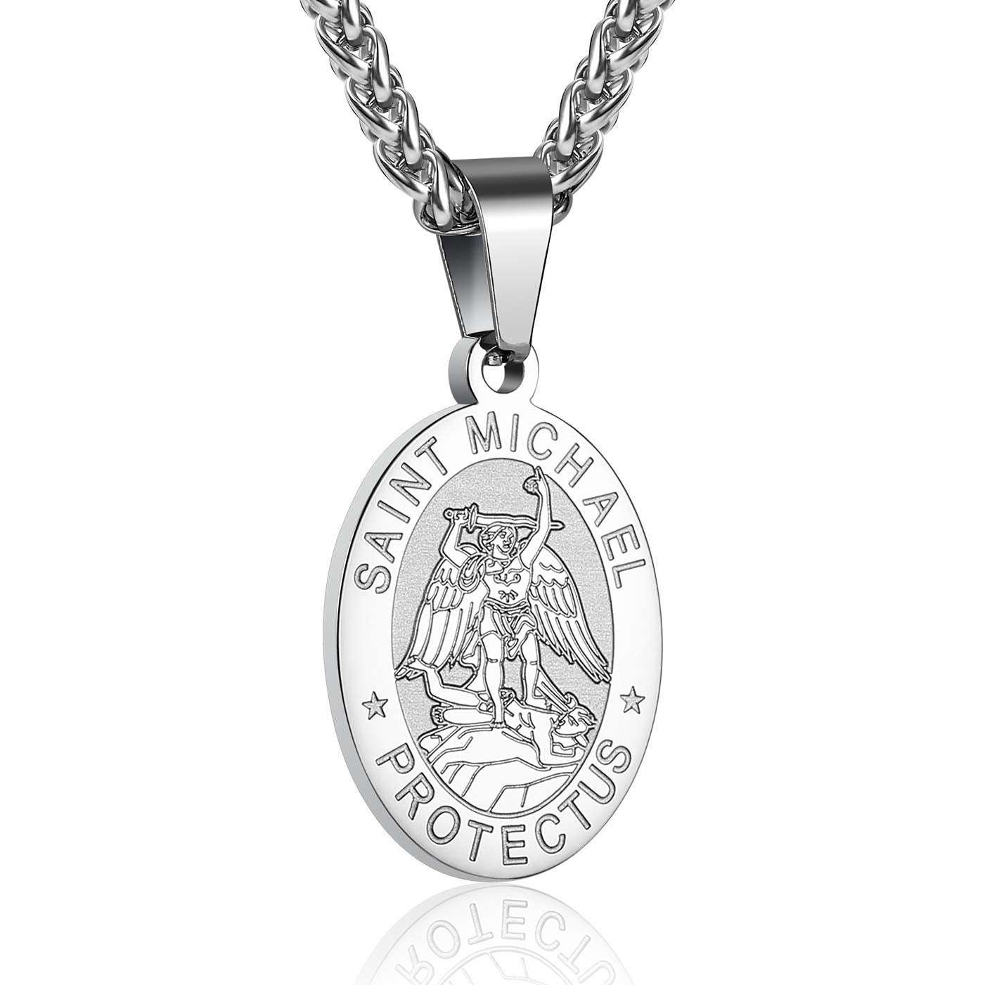 P. BLAKE St. Saint Michael Pendant Necklace for Men Teen Boys Stainless Steel Catholic Saint Michael Medal Chain Jewelry Baptism