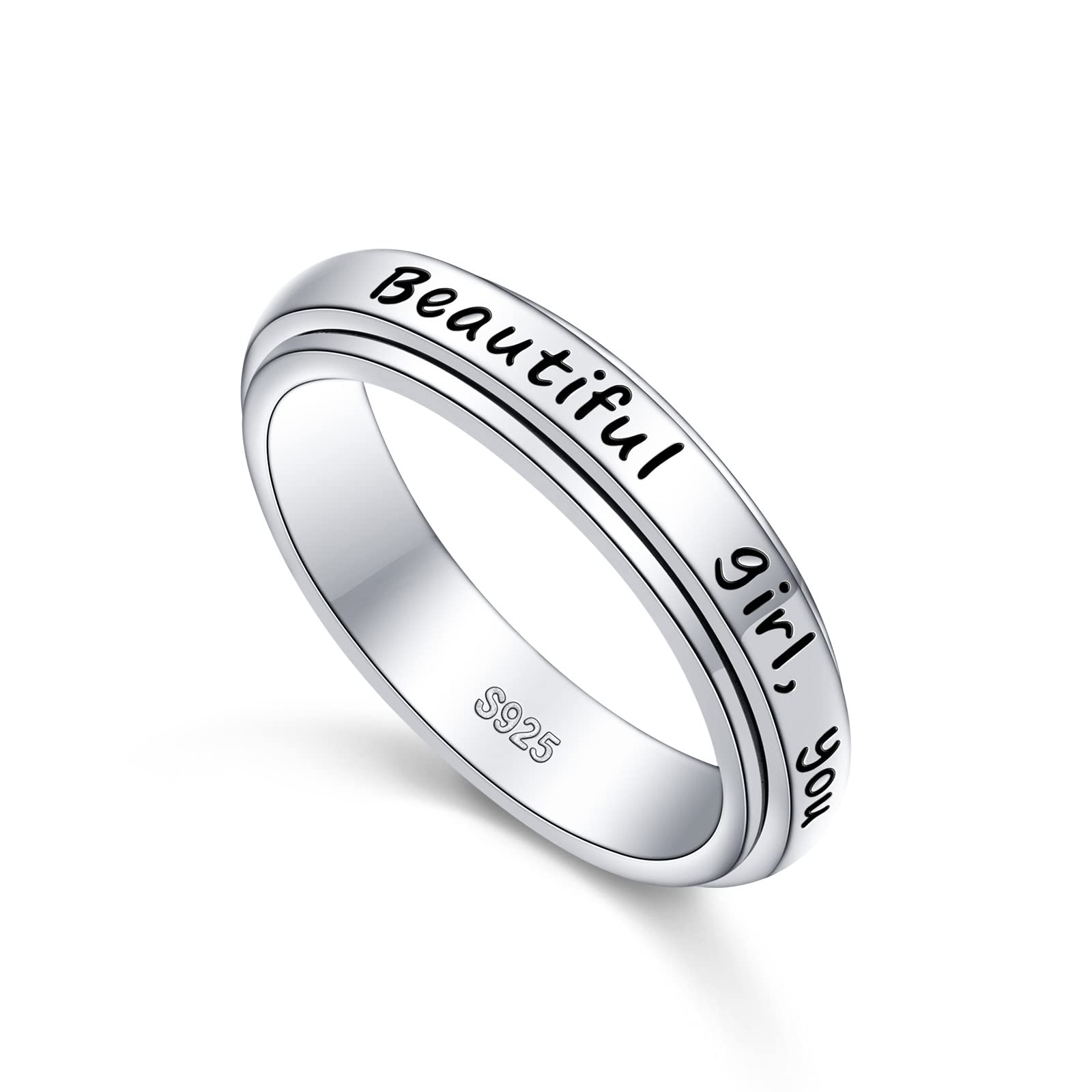 JZMSJF S925 Sterling Silver Spinner Fidget Rings for Anxiety Relief Boredom ADHD Autism Band Women Teens Size 7