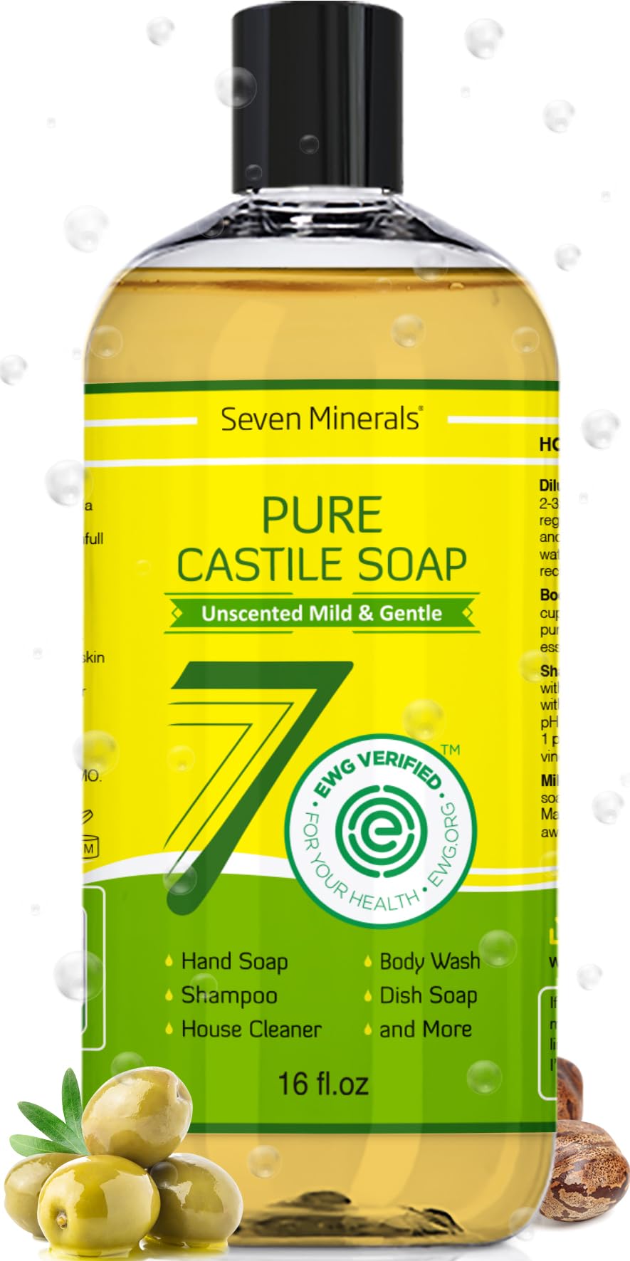 Pure Castile Soap - No Palm Oil, GMO-Free - Gentle Liquid Soap For Sensitive Skin & Baby Wash - All Natural Vegan Formula with O