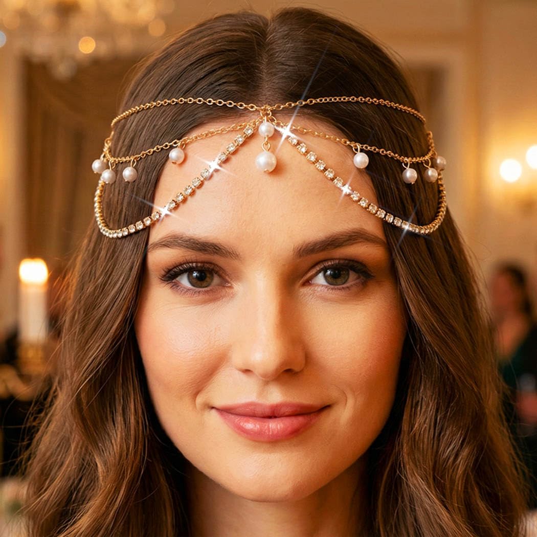 Shidara 1Psc Elegent Pearl Head Chain Jewelry Gold Headpiece Rhinestoneprom Headband For Women
