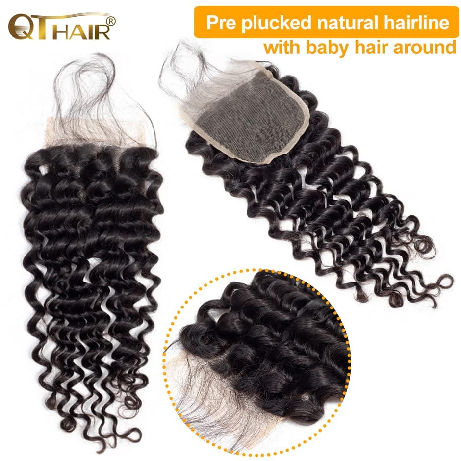 Qthair 14A Grade Brazilian Deep Wave Human Hair Closure 100% Unprocessed Brazilian Virgin Hair Deep Curly Hair (12'', 4X4 Closur