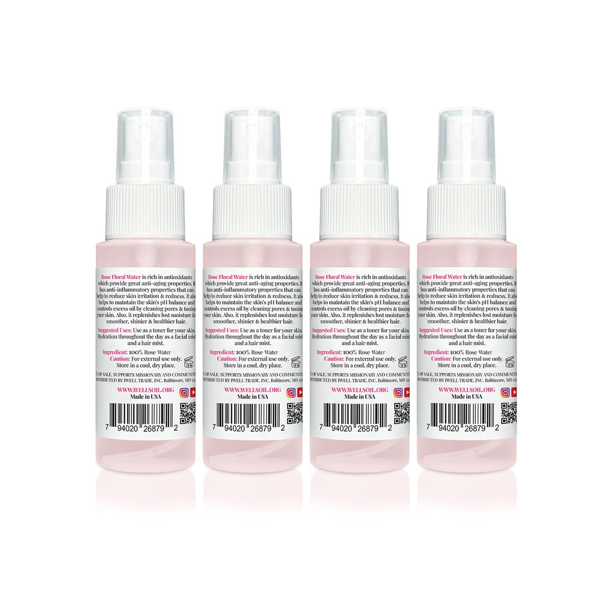 Well'S Rose Water Mist Spray | 2 Fl. Oz. (Pack Of 4) | 100% Natural | Hydrating & Soothing | For Skin & Hair Care