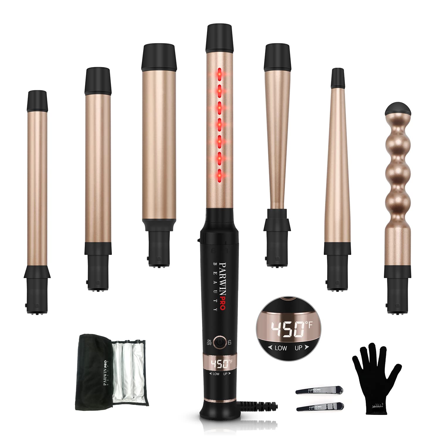 7-in-1 Infrared Curling Iron Wand Set, Dual Voltage Curling Wand with Temperature Control, Auto Shut Off, Hair Curler for Wavy/A