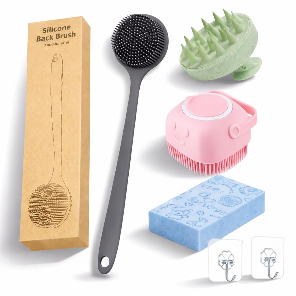 6 PCS Bath Combo Set  Silicone Back Scrubber Long Handle, Soap Dispenser Bath Brush, Scalp Massager, Body Scrubber, Bath Sponge