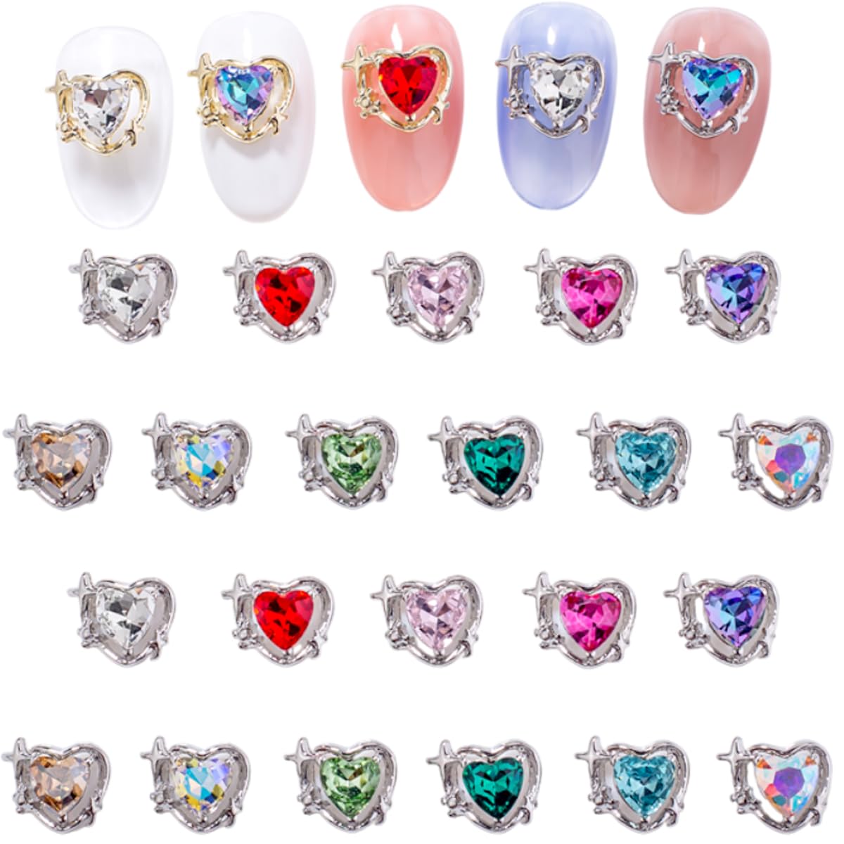 10Pcs Silver Heart Nail Art Charms Rhinestones For Nails Valentine'S Day Decals 3D Luxury Love Crystal Nail Rhinestones Gems Lov