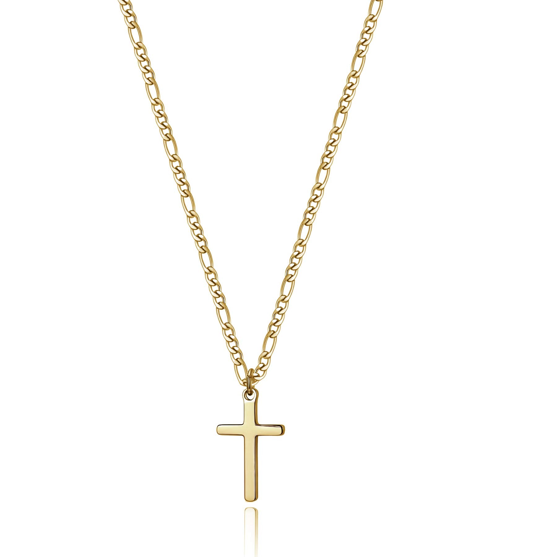 Cross Necklace for Men Polished 14K Gold Filled Stainless Steel Plain Cross Pendant Figaro Chain Necklace Simple Religious Jewel