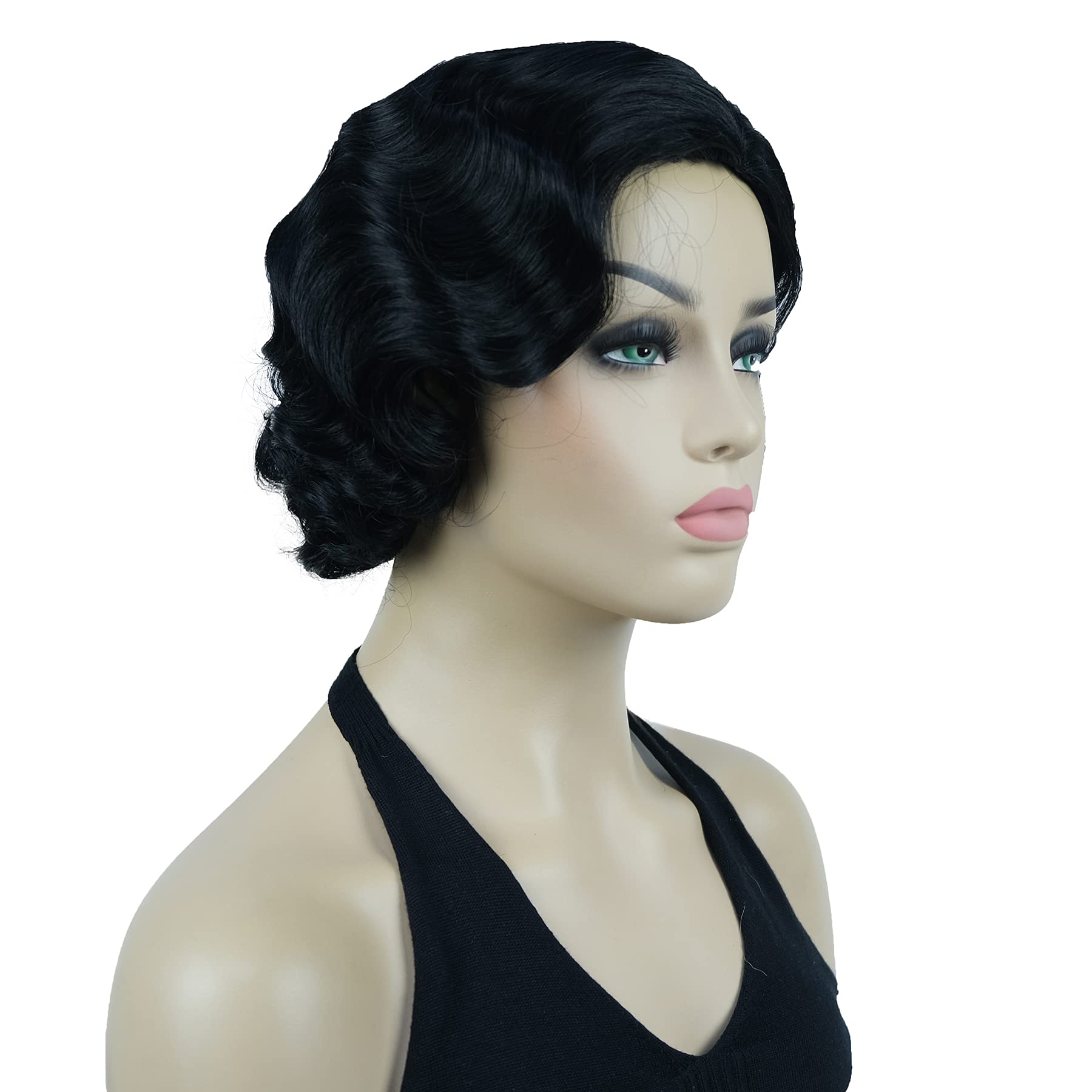 Lydell Vintage Cosplay Party Wig Short Finger Wavy Flapper Hairpiece +Free Wig Cap (Black)