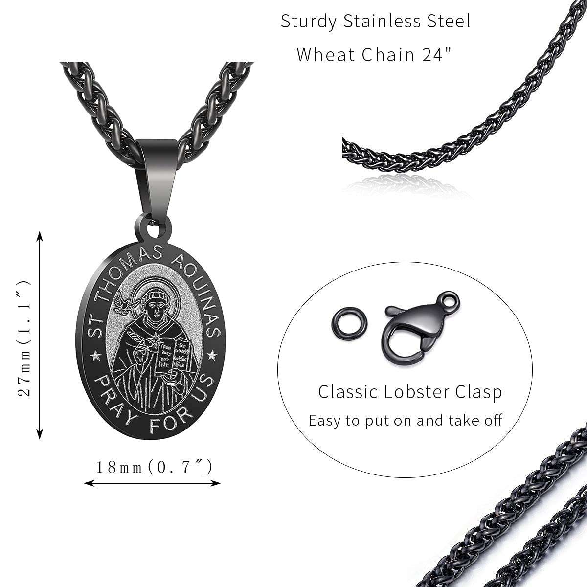 P. BLAKE Black St. Saint Thomas Medal Necklace Men, Stainless Steel Catholic Saint Thomas Aquinas Pendant Chain