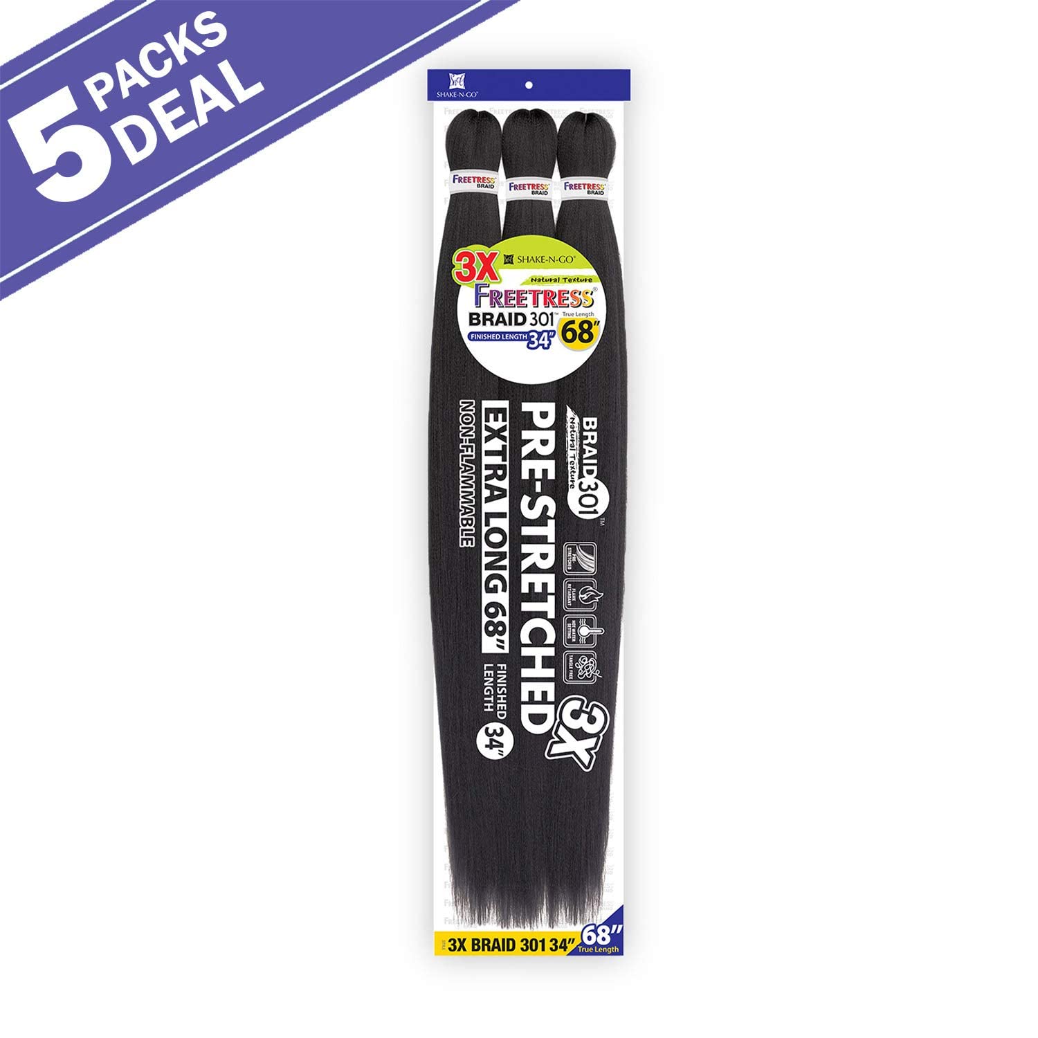 Freetress Natural Texture Braids 3X Pre-Stretched Braid 301 34'' (5-Pack, Om3Trasta)