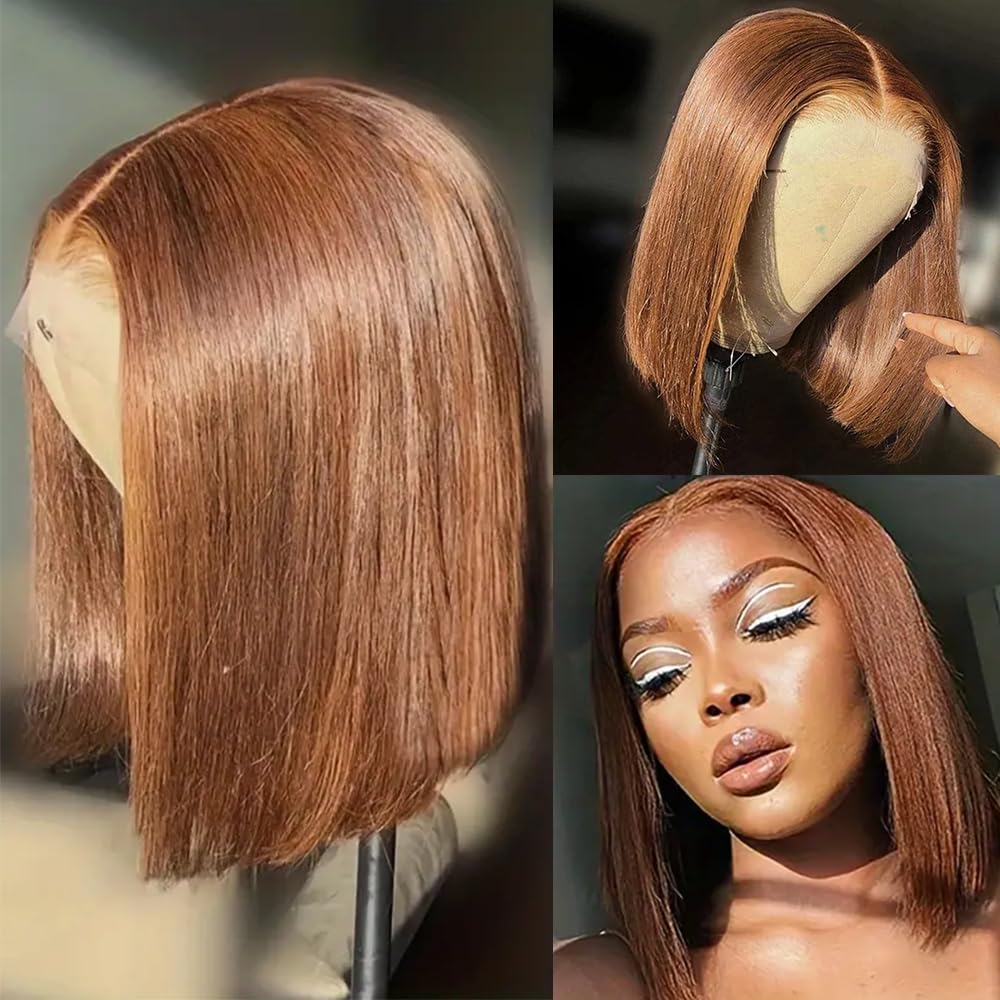 13X4 Straight #4 Brown Bob Wig Human Hair Glueless Lace Frontal Wigs Pre Plucked With Baby Hair 100% Unprocessed HD Transparent 