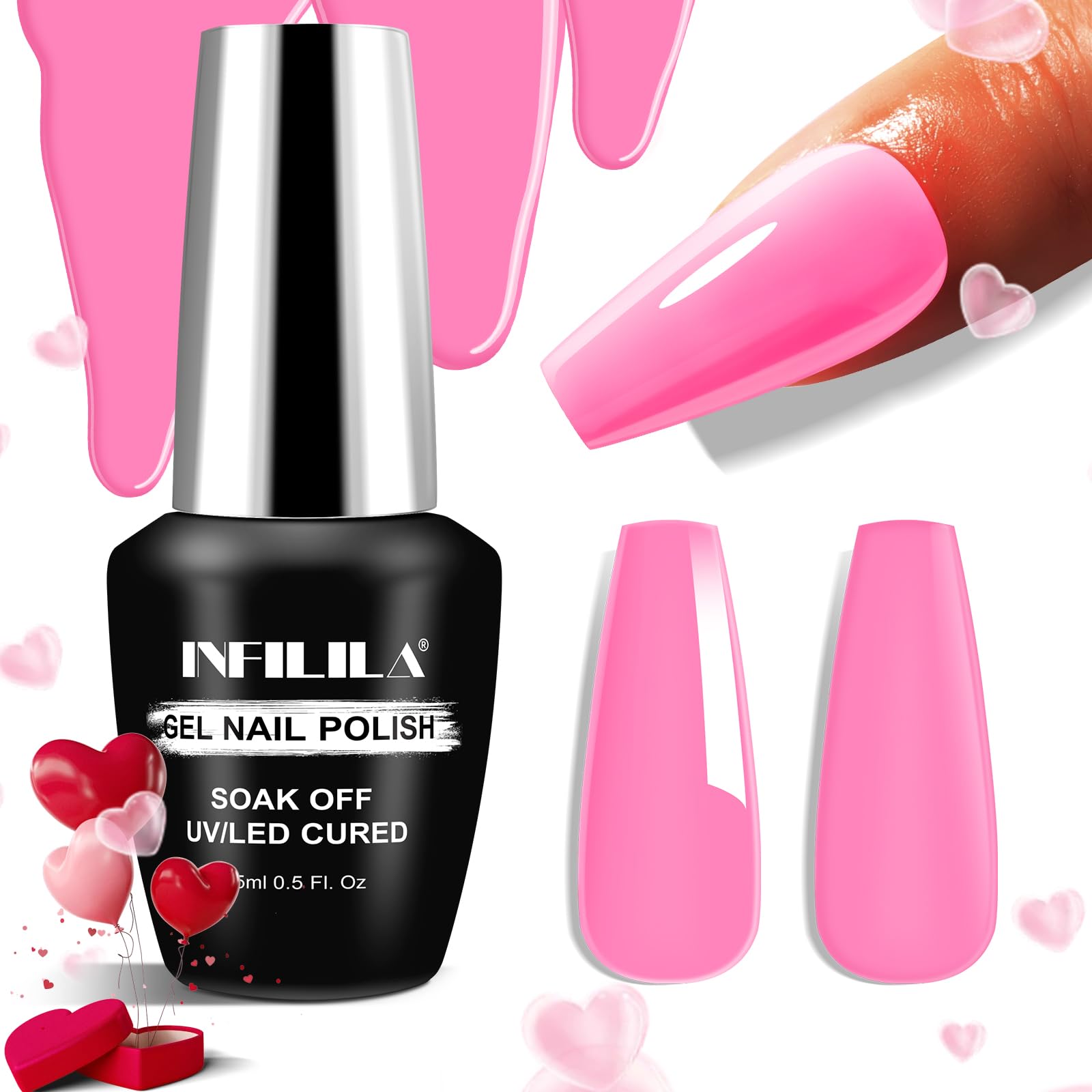 NXJ INFILILA Pink Gel Nail Polish, 15ml 0.51oz Light Pink Nail Polish Gel, Hema Free Bright Pink High Gloss Soak Off UV Gel Nail
