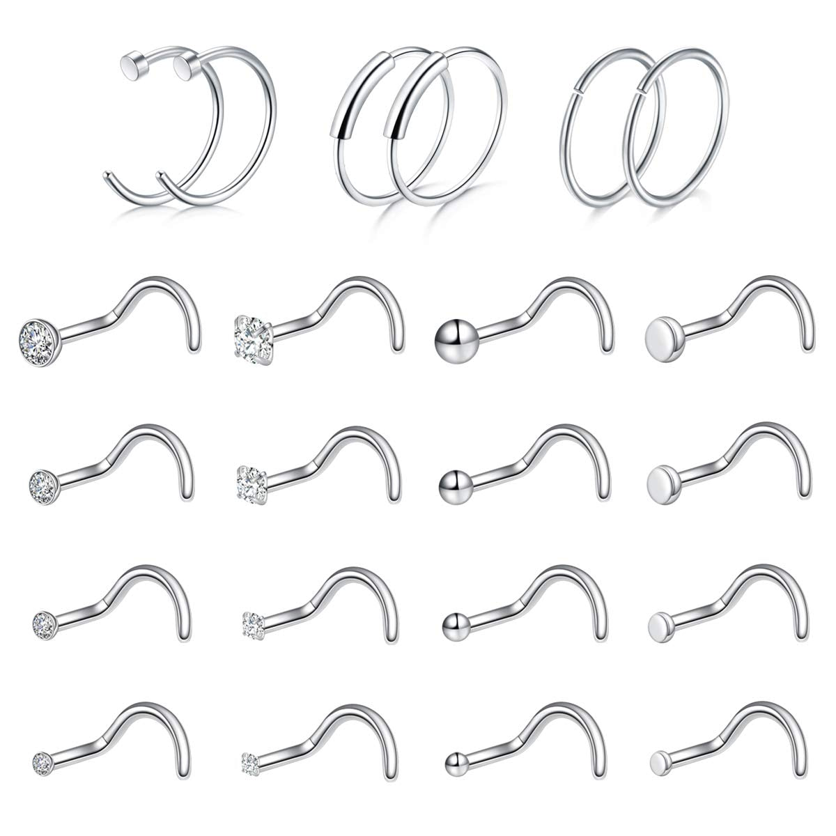 Ldurian 20PCS Nose Piercing Studs, Nose Rings 316L Surgical Steel Nostril Piercing Jewelry, L Shape 18G Gauge Nose Studs Set