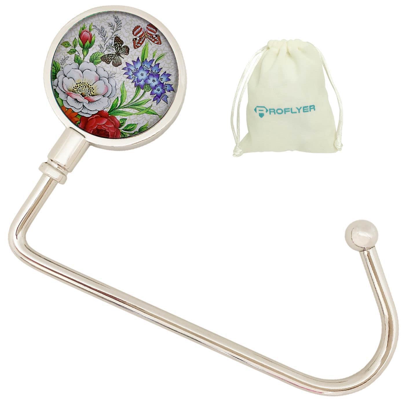 ROFLYER Purse Hook Hanger for Table Bar Handbag Hanger Safer Cleaner Bag Table Hanger with Velvet Pouch (Butterfly Flowers)