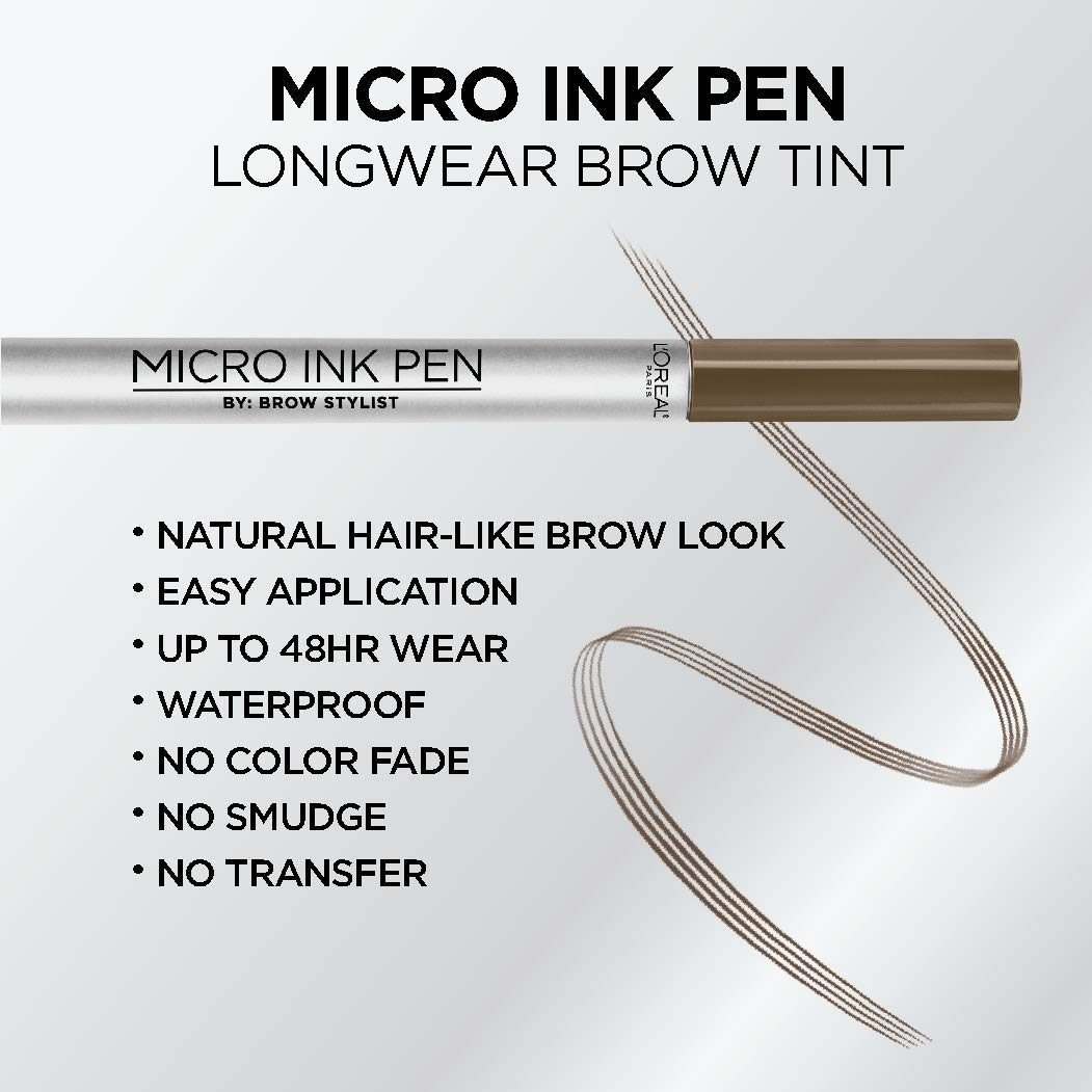L'Oreal Paris Micro Ink Pen by Brow Stylist, Longwear Brow Tint, Hair-Like Effect, Up to 48HR Wear, Precision Comb Tip, Brunette