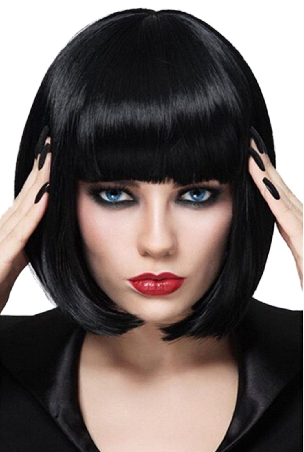 Bopocoko Black Bob Wigs For Women, 12'' Short Black Hair Wig With Bangs, Natural Fashion Synthetic Wig, Cute Colored Wigs For Da