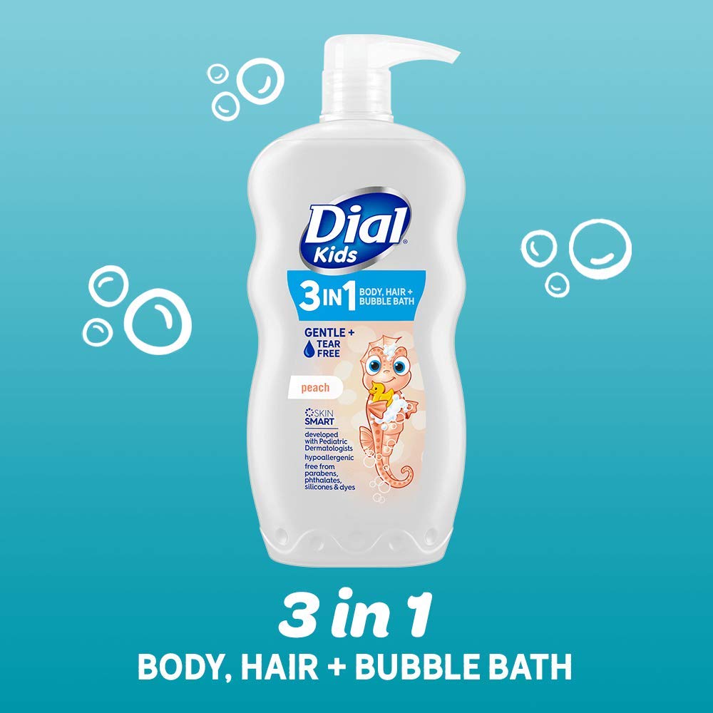 Dial Kids 3-In-1 Body + Hair + Bubble Bath, Peach, 24 Fl Oz (Pack Of 4)