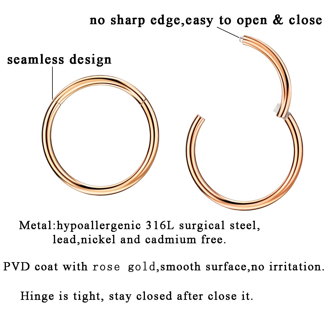 JOFUKIN 10g Hoops 12mm 10 Gauge Nose Rings for Men - Rose Gold Plated Surgical Steel Nose Hoops - Hypoallergenic Body Piercing R