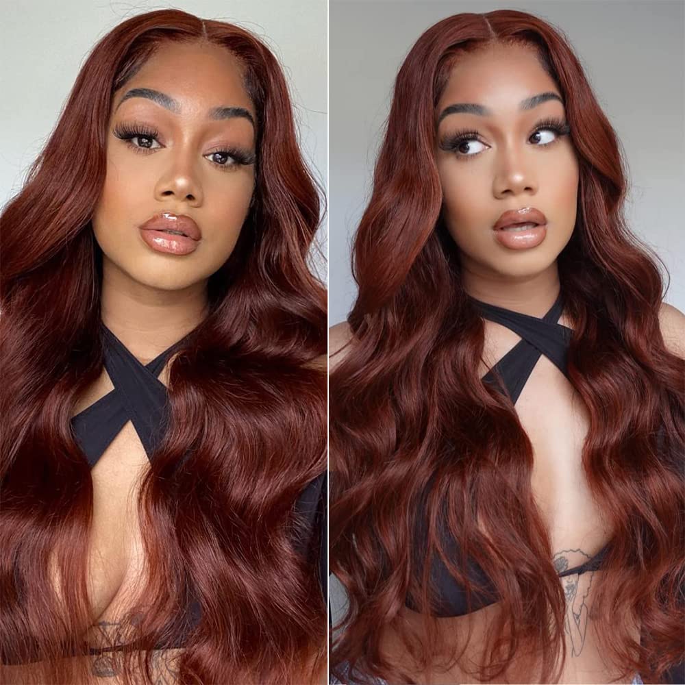 XTERFSTY Reddish Brown 13x6 HD Body Wave Lace Front Wigs Human Hair 180 Density Auburn Colored Glueless Body Wave Frontal Wigs f