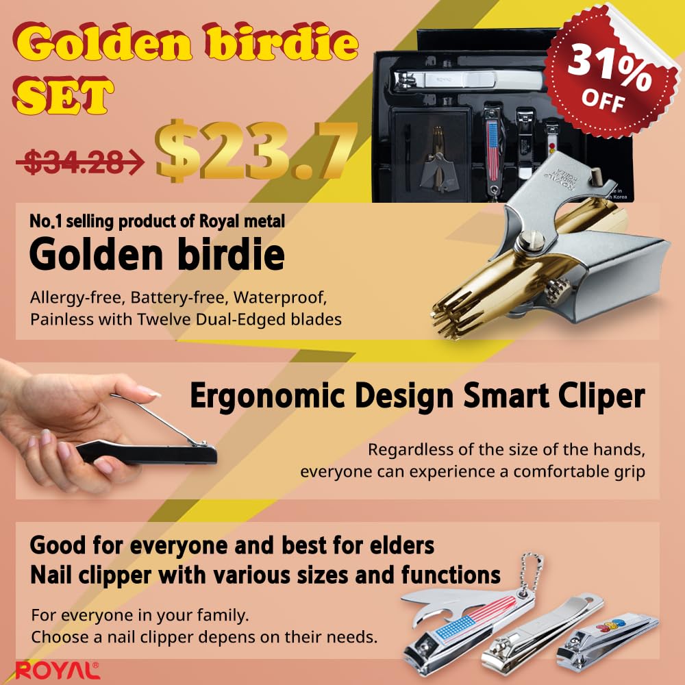 Royal [Made In Korea] No Battery,5 Pcs Nose Hair Trimmer Set, Golden Birdie Value Pack,(Nose Hair Trimmer With 4 Nail Clippers)