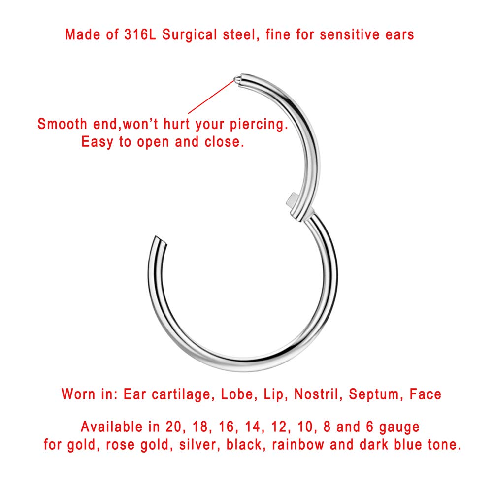 FANSING 14g Nose Rings for Women Men 9mm Nose Hoop Surgical Steel Piercing Hoop for Cartilage Helix 14 Gauge Septum Jewelry
