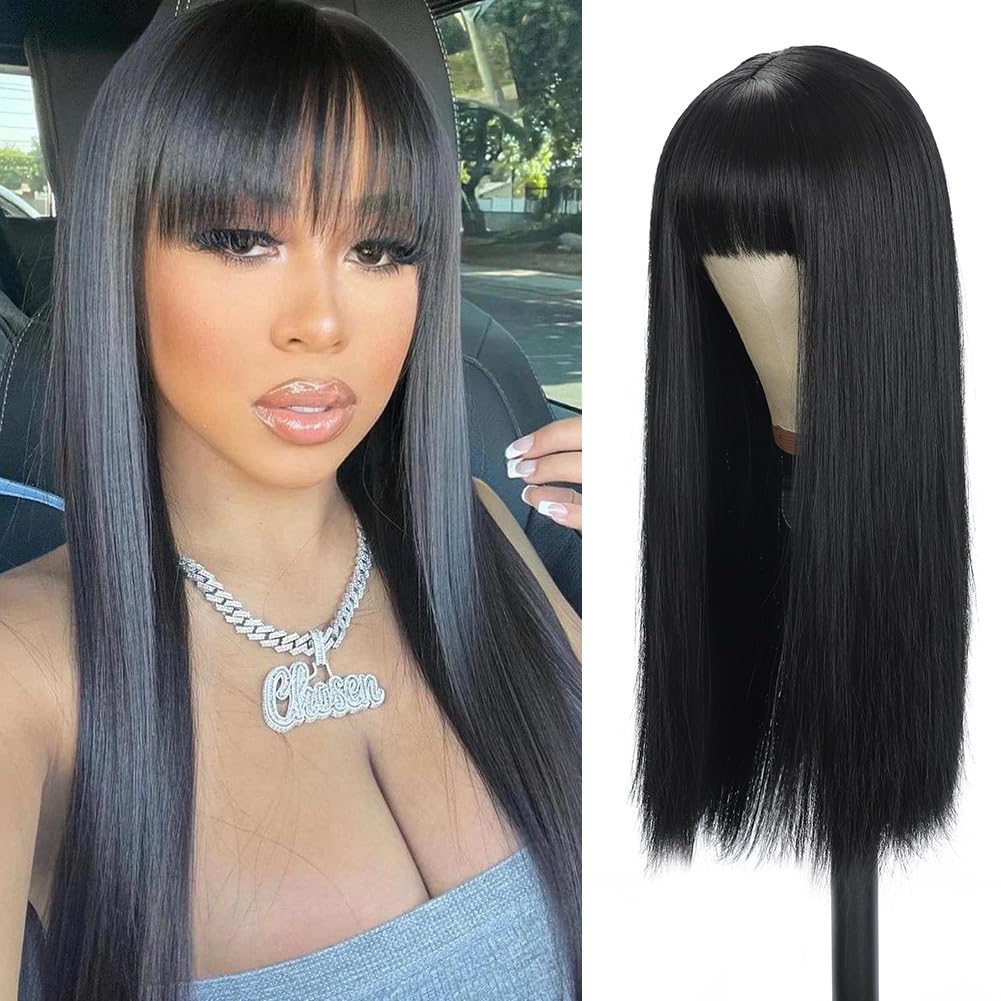 Amarlis Black Wigs for Women, Long Straight Natural Black Wig with Bangs Soft Synthetic Heat Resistant Fiber Wig for Cosplay Dai