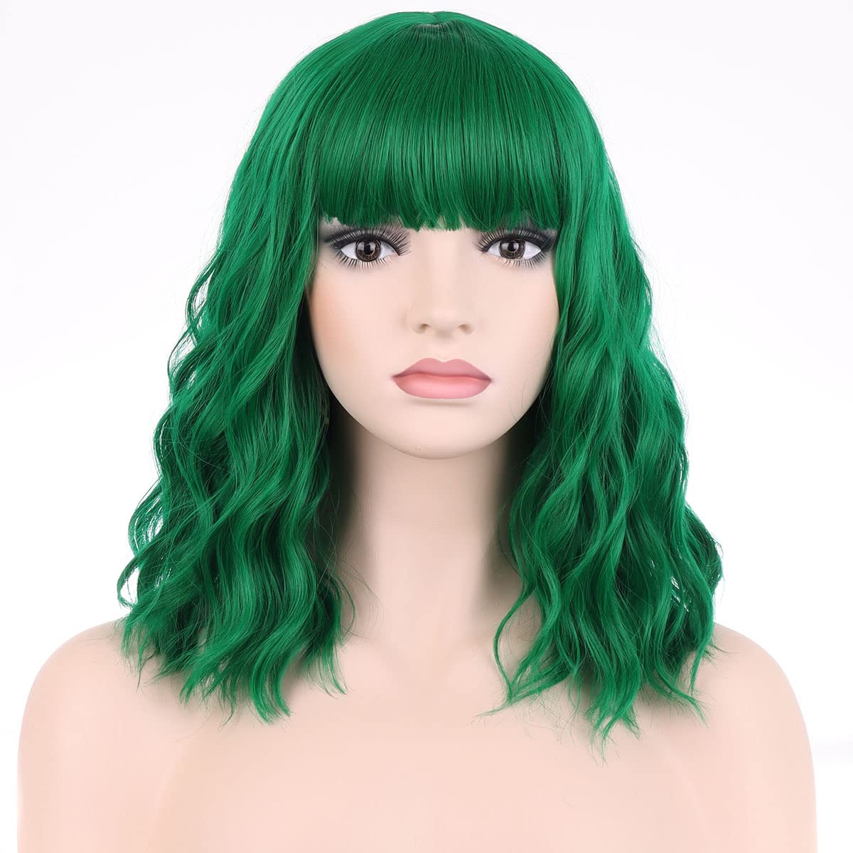 PATTNIUM 14 Inches Green Wig Short Wavy Wig Dark Green Wig with Bangs Women Girls Heat Resistant Synthetic Cosplay Costume Wig (