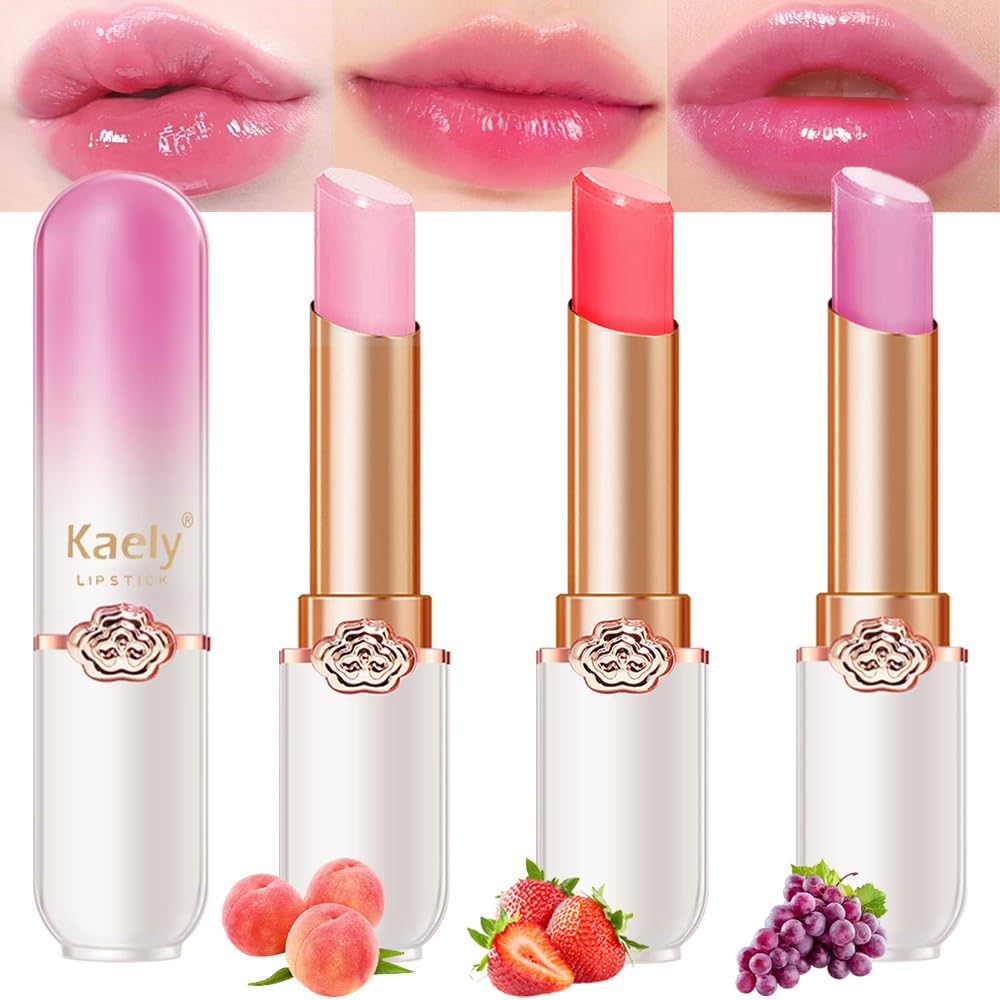 Kaely 3Pcs Peach Strawberry Grape Tinted Lip Balm,Ph Lipstick Color Changing Makeup Sets,Lips Plumper Tint Gloss,Korean Lip Stai