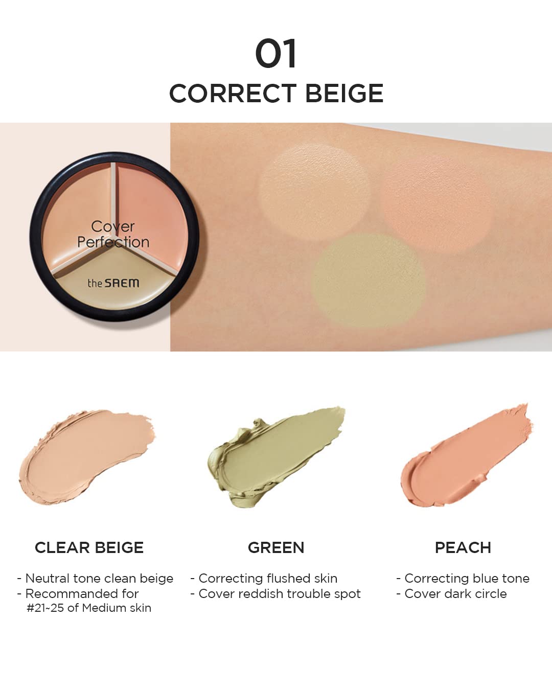 The Saem Cover Perfection Triple Pot Concealer - 3 Color Concealer With Clear Beige, Green & Peach Shades - Full Coverage Concea