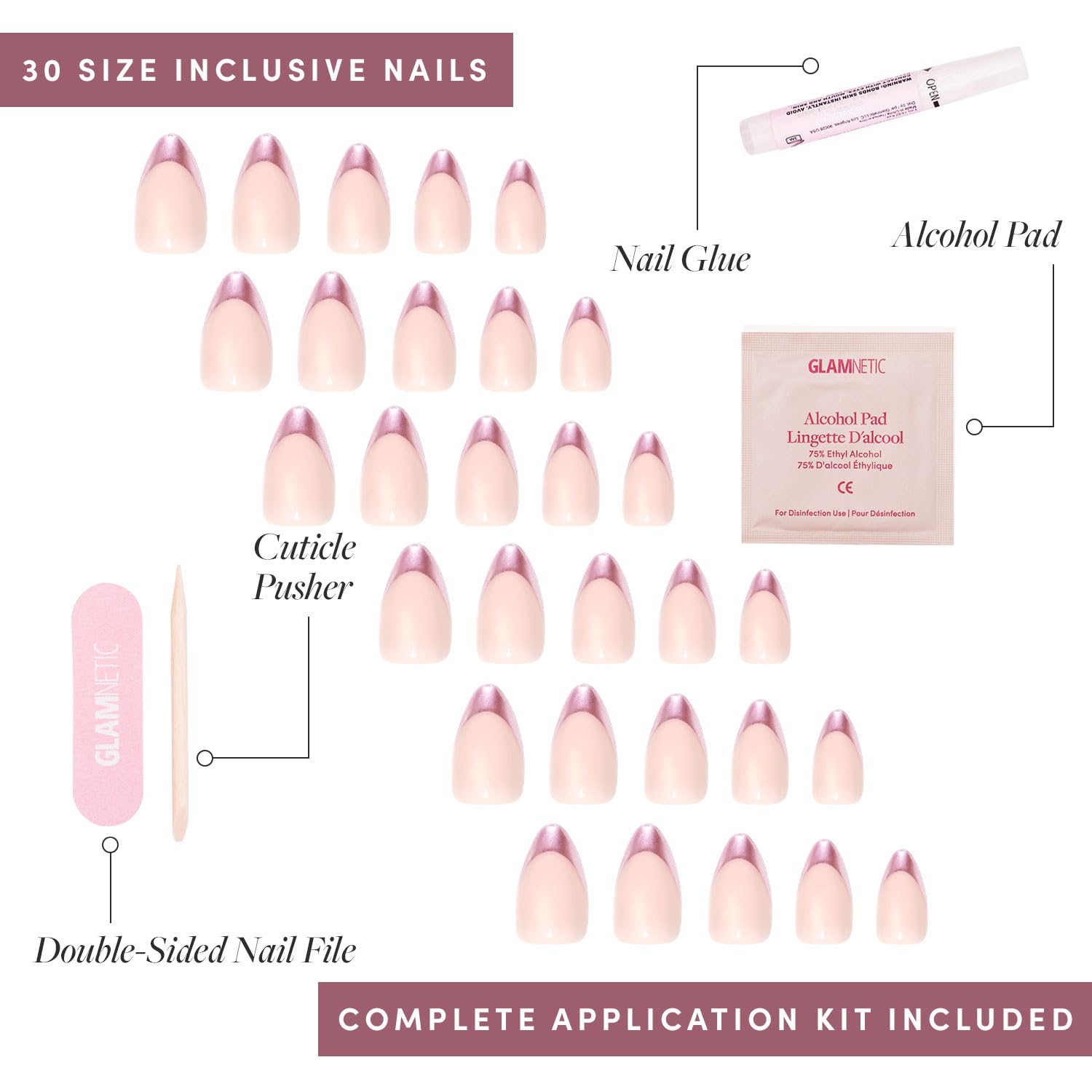 Glamnetic Press On Nails - Rock Candy | Trendy Short Almond Nails With Metallic Chrome Pink French Tips | 15 Sizes - 30 Nail Kit