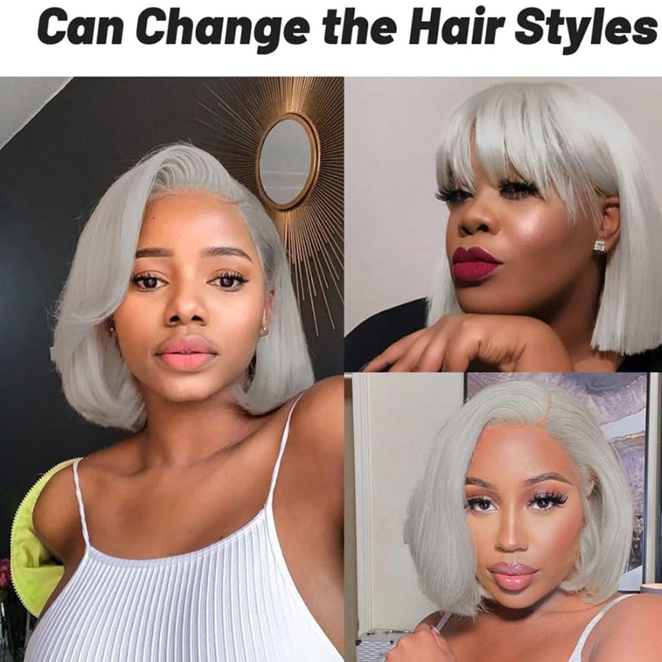 13X4 Grey Hd Lace Front Wig Human Hair 16 Inch Silky Straight Grey Bob Wigh Human Hair Transparent Lace Frontal Wigs For Women P