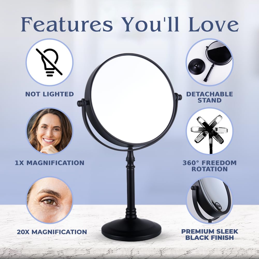 Mirrorvana 20X Magnified Makeup Mirror With Stand - Double Sided 20X And 1X Cosmetic Mirror For Make Up Desk, Dressing Table, Ba