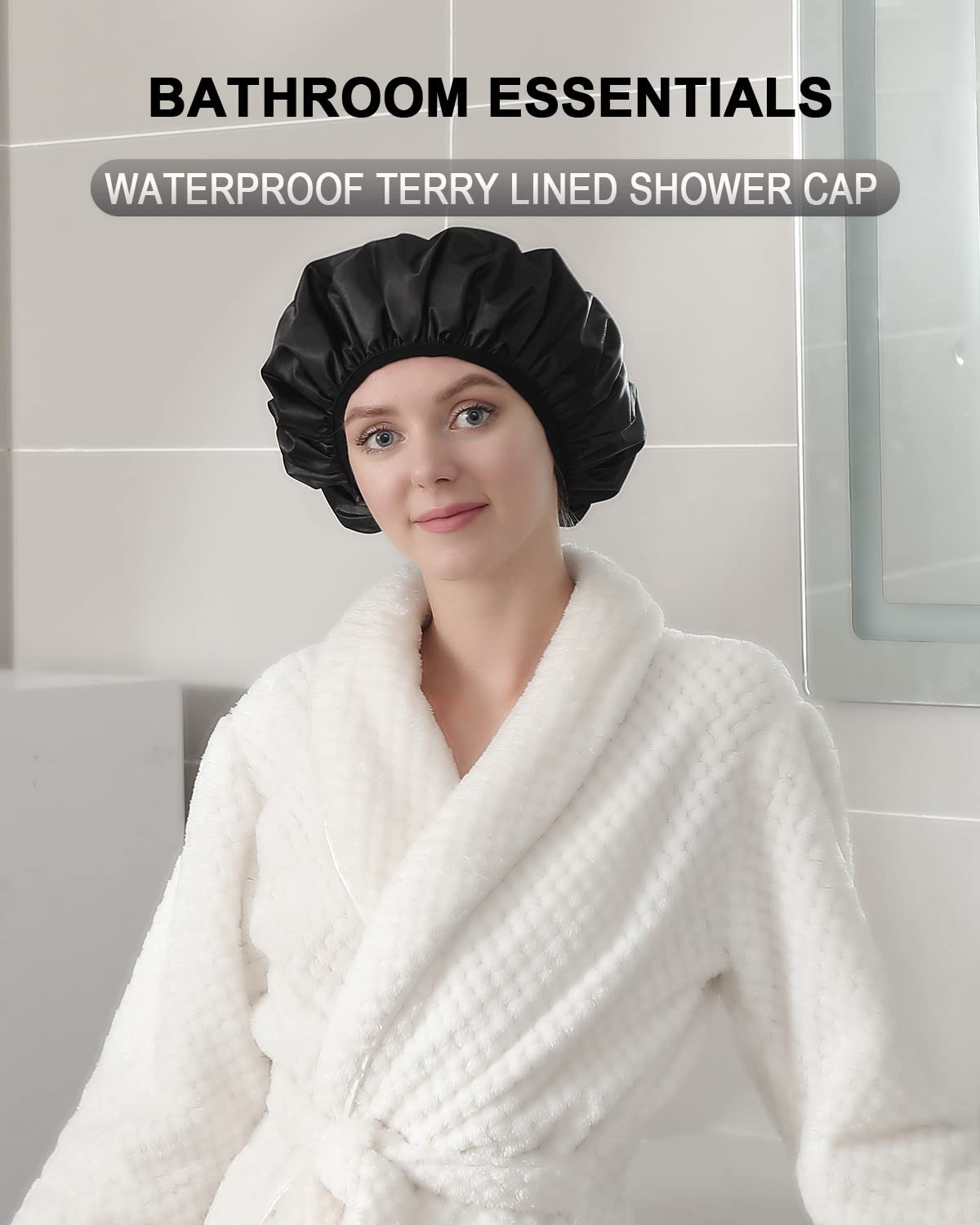 Yizijizi Terry Lined Shower Cap,Triple Layer Large Cap For Women,Shower Cap Reusable Waterproof,Long Thick Hair(Black)