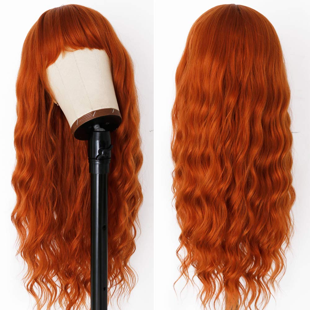 Evlynn Ginger Wig With Bangs Orange Long Wavy Wigs For Women Ginger Curly Heat Resistant Synthetic 26 Inches Loose Wave Red Oran